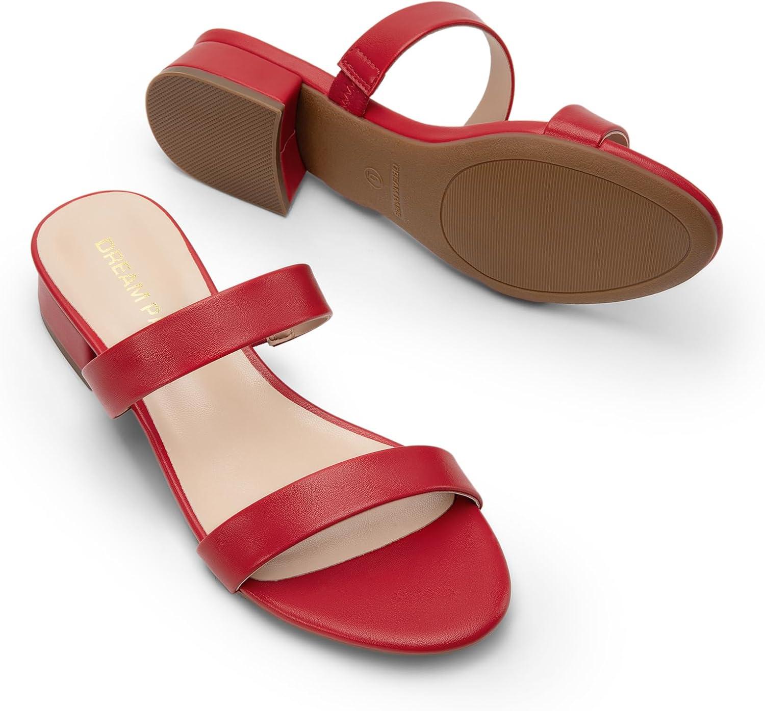 imageDREAM PAIRS Womens Slides Heels Slip On Low Block Sandals Two Strap Open Round Toe Chunky Casual Summer Mules ShoesRed