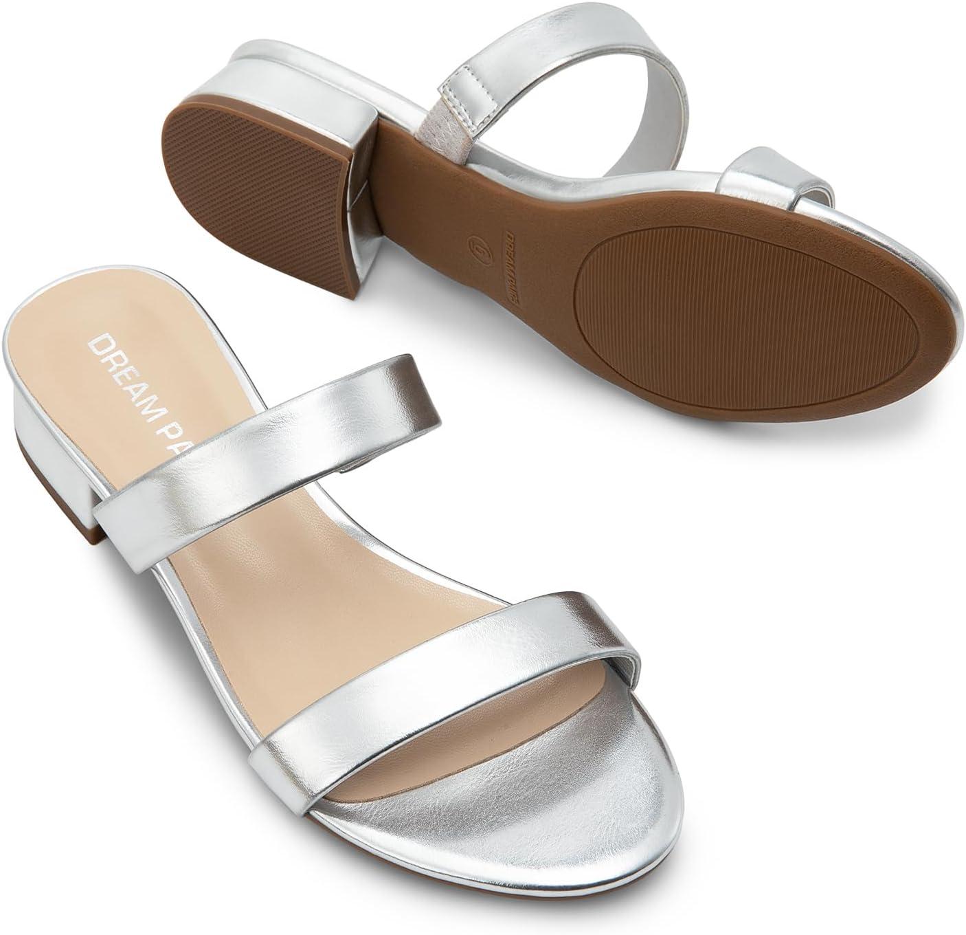 imageDREAM PAIRS Womens Slides Heels Slip On Low Block Sandals Two Strap Open Round Toe Chunky Casual Summer Mules ShoesSilver