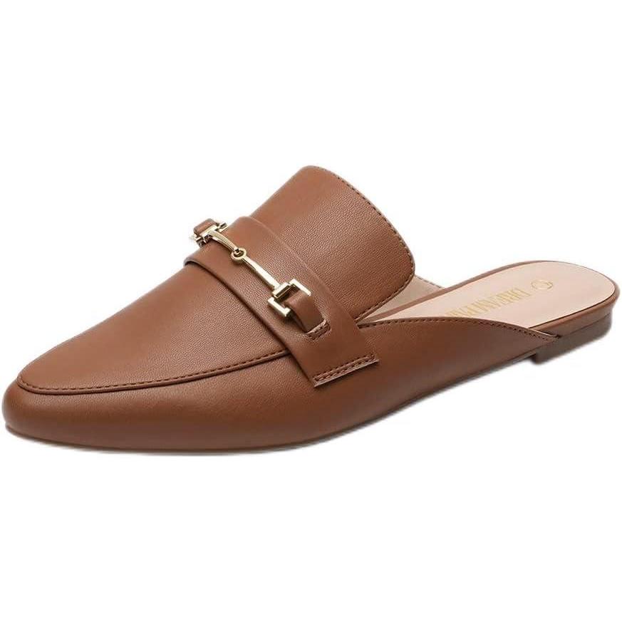 imageDREAM PAIRS Womens Flat Mules Buckle Pointed Toe Backless Slip on Slides Loafer ShoesTanPu