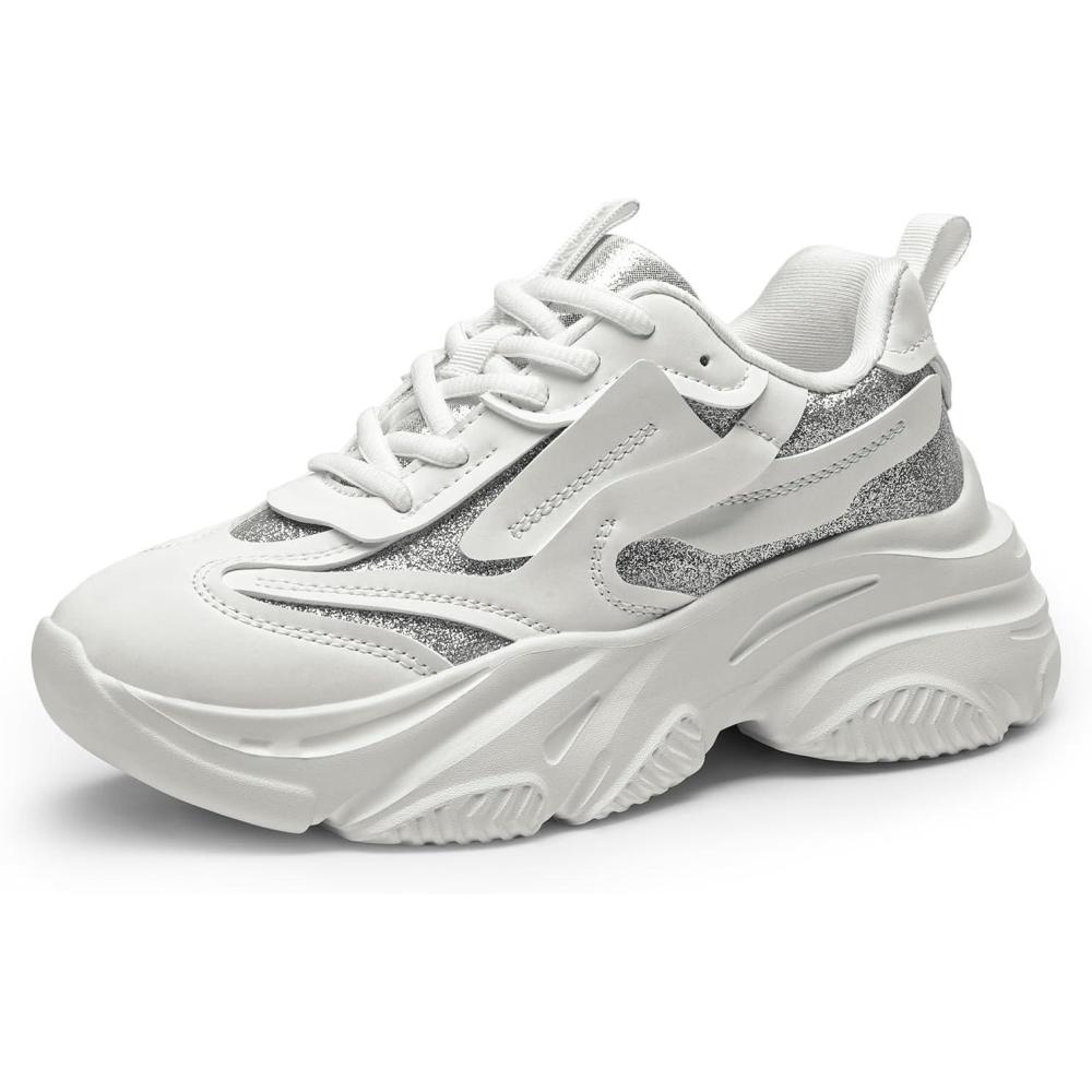 imageDREAM PAIRS Womens Platform Chunky Fashion Sneakers Jaxon Walking LaceUp Comfortable Dad Sneakers Workout Sport Work Casual Tennis ShoesWhitesilver Glitter