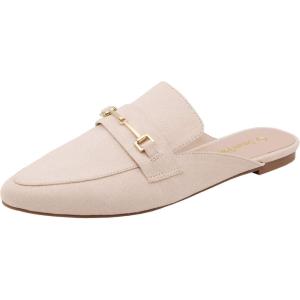 DREAM PAIRS Women’s Flat Mules Buckle Pointed Toe Backless Slip on Slides Loafer Shoes(Beige/Suede)
