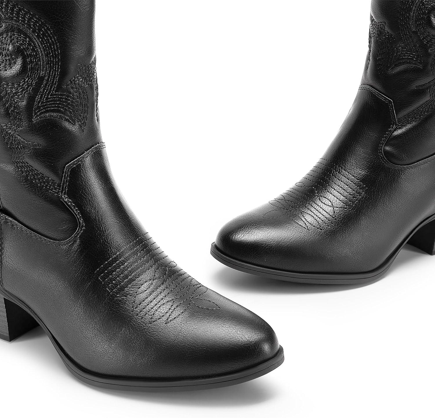 imageDREAM PAIRS Cowboy Boots for Women Mid Calf Cowgirl Boots with Embroidery Round Toe Western Chunky Low Heel ShoesAll Black