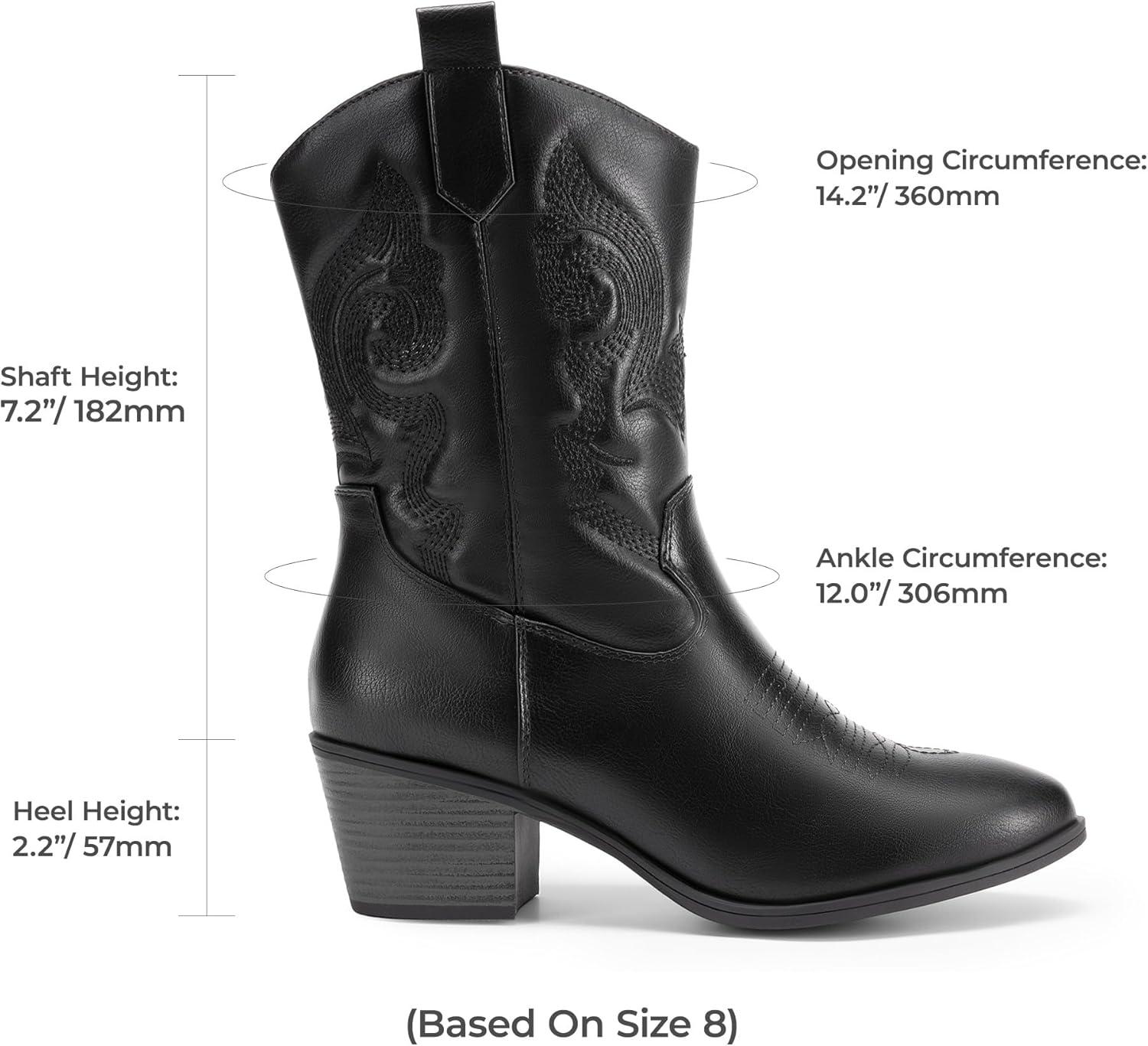 imageDREAM PAIRS Cowboy Boots for Women Mid Calf Cowgirl Boots with Embroidery Round Toe Western Chunky Low Heel ShoesAll Black