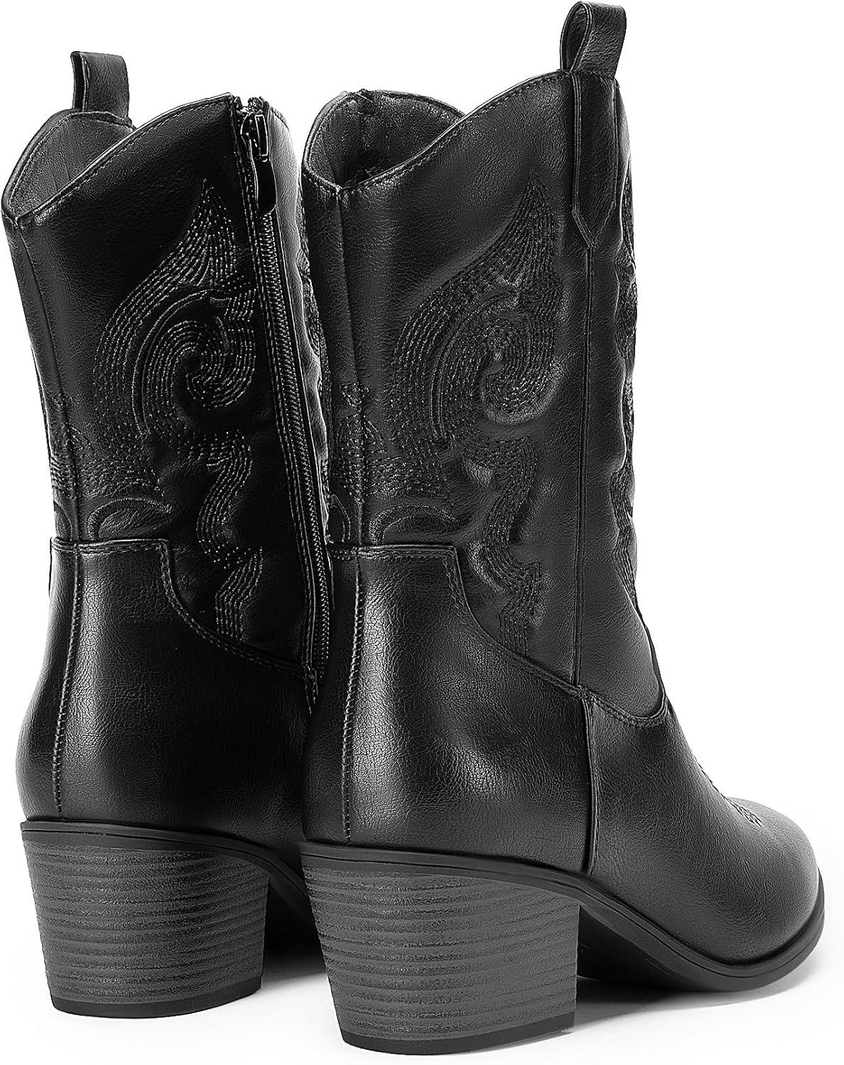 imageDREAM PAIRS Cowboy Boots for Women Mid Calf Cowgirl Boots with Embroidery Round Toe Western Chunky Low Heel ShoesAll Black
