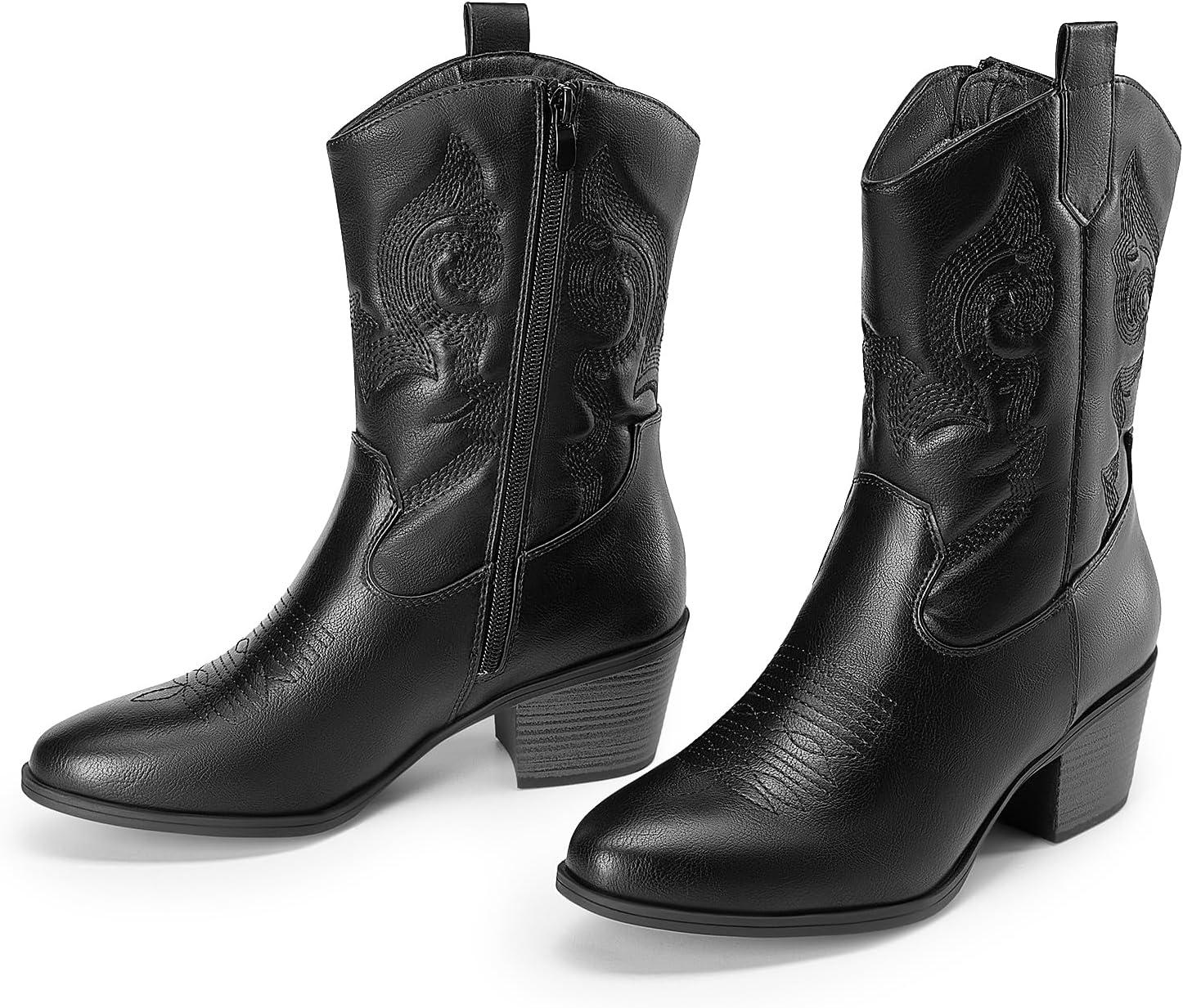 imageDREAM PAIRS Cowboy Boots for Women Mid Calf Cowgirl Boots with Embroidery Round Toe Western Chunky Low Heel ShoesAll Black