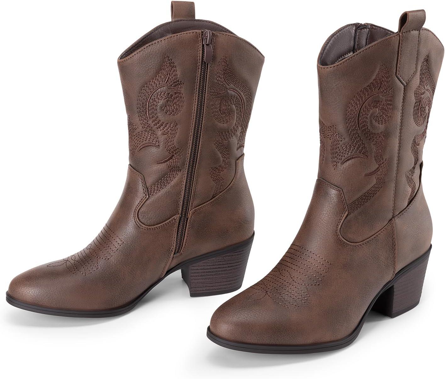 imageDREAM PAIRS Cowboy Boots for Women Mid Calf Cowgirl Boots with Embroidery Round Toe Western Chunky Low Heel ShoesBrown