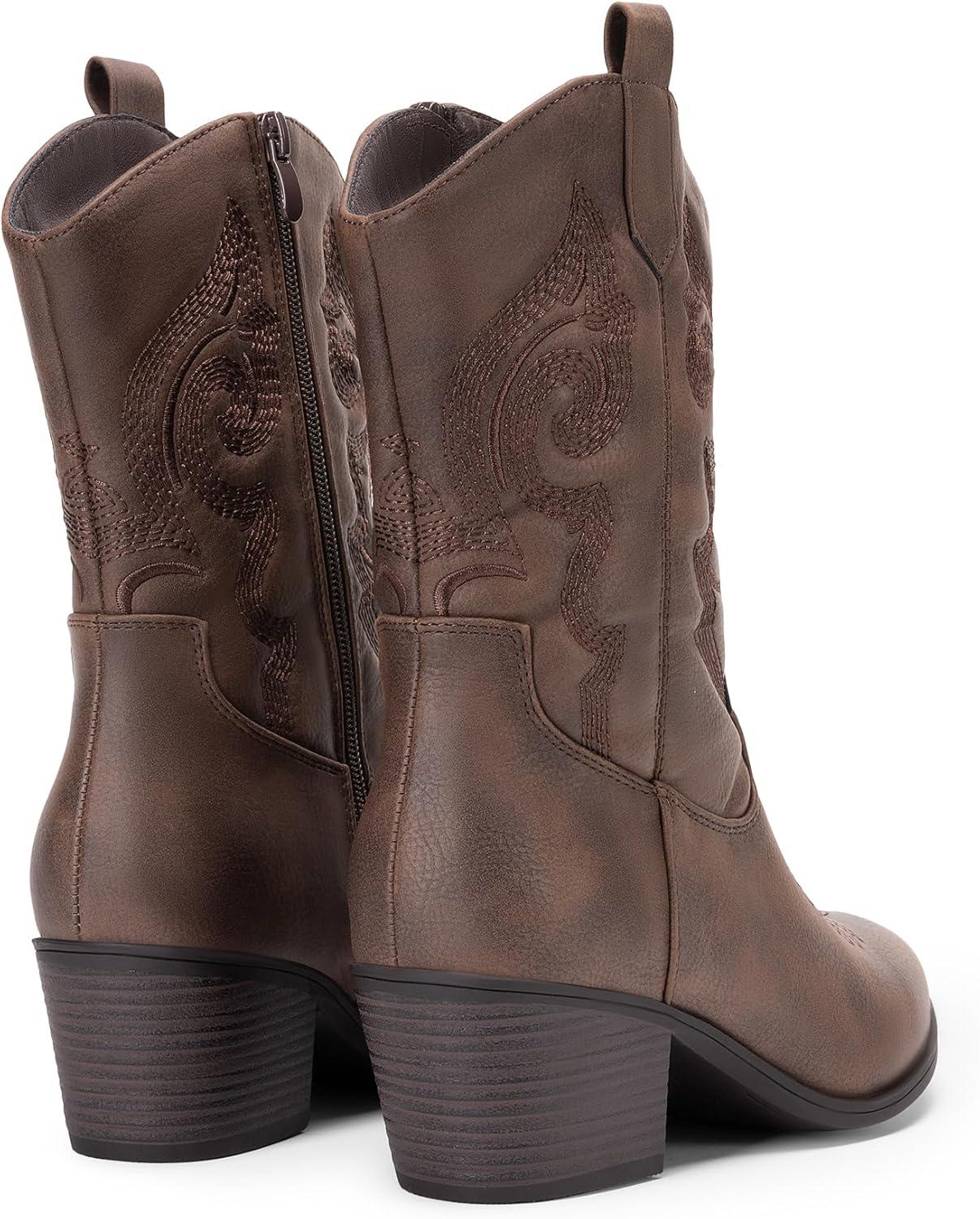 imageDREAM PAIRS Cowboy Boots for Women Mid Calf Cowgirl Boots with Embroidery Round Toe Western Chunky Low Heel ShoesBrown