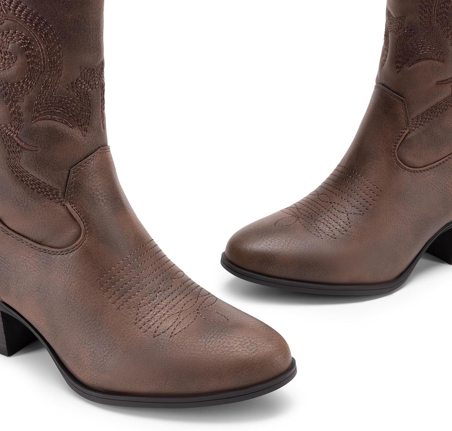 imageDREAM PAIRS Cowboy Boots for Women Mid Calf Cowgirl Boots with Embroidery Round Toe Western Chunky Low Heel ShoesBrown