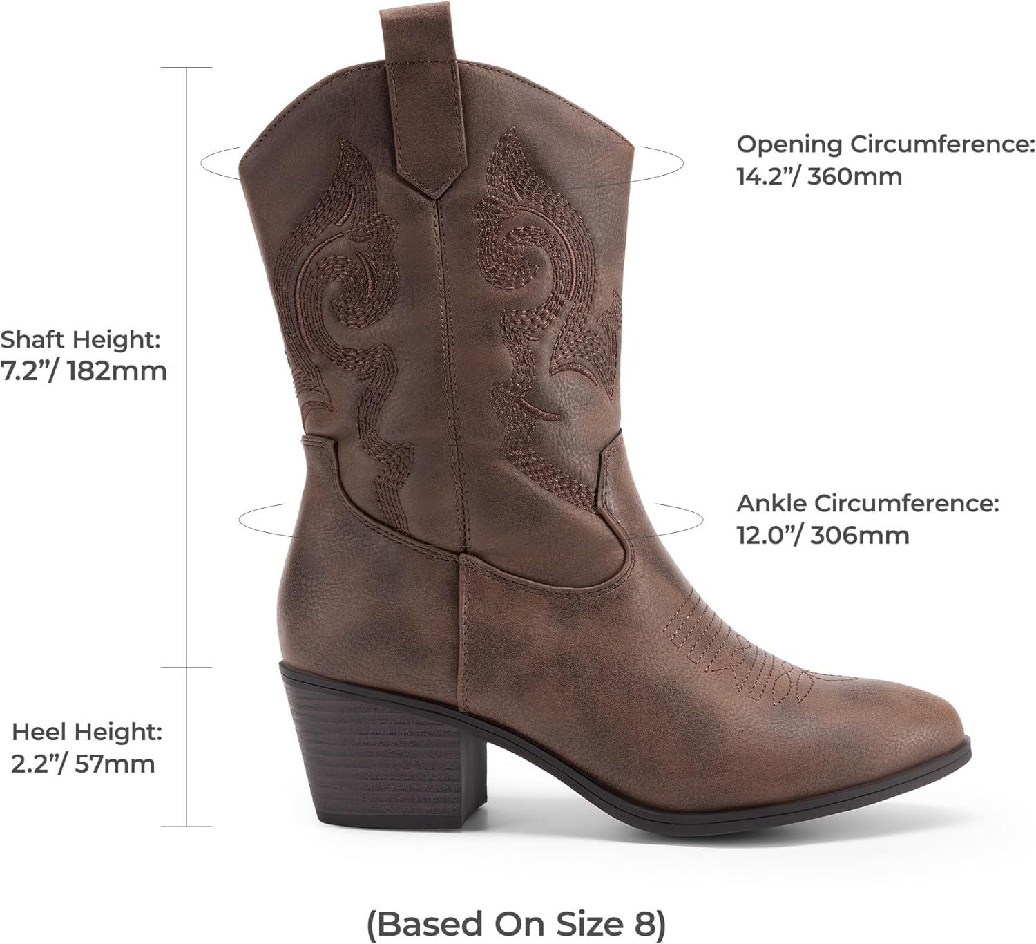 imageDREAM PAIRS Cowboy Boots for Women Mid Calf Cowgirl Boots with Embroidery Round Toe Western Chunky Low Heel ShoesBrown