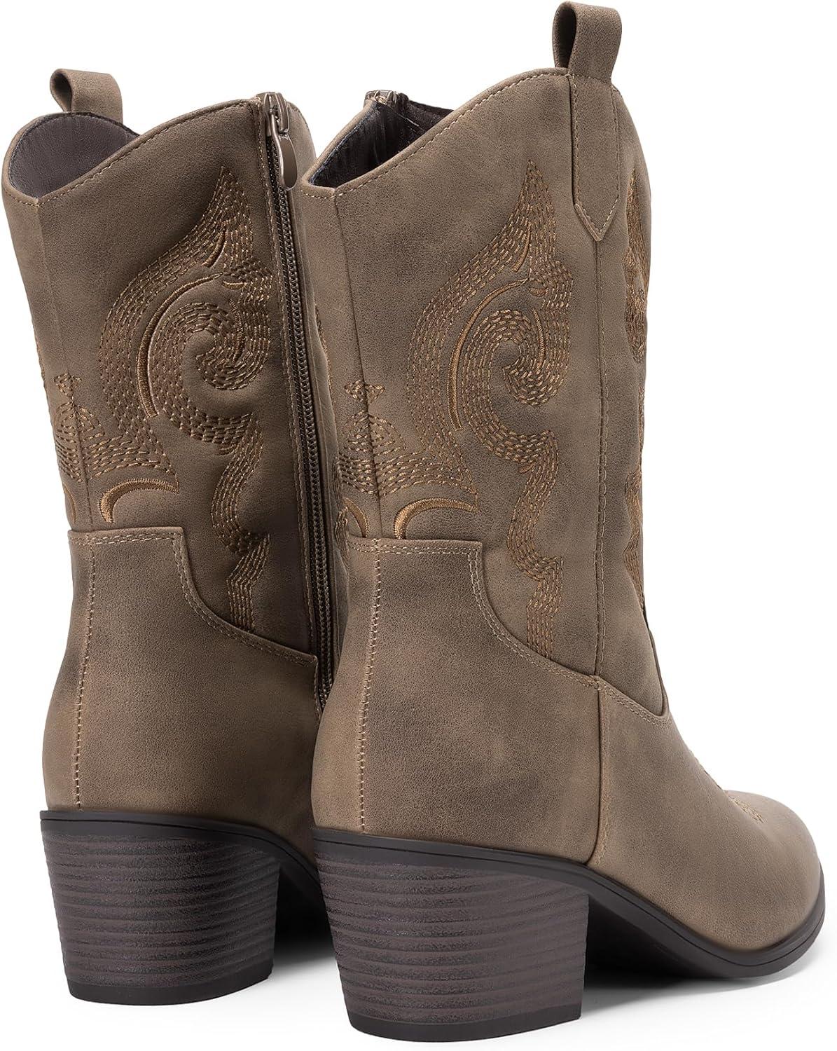 imageDREAM PAIRS Cowboy Boots for Women Mid Calf Cowgirl Boots with Embroidery Round Toe Western Chunky Low Heel ShoesCamel