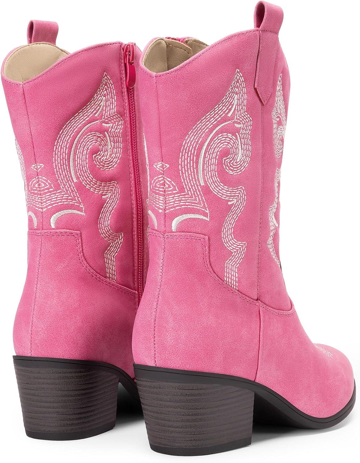 imageDREAM PAIRS Cowboy Boots for Women Mid Calf Cowgirl Boots with Embroidery Round Toe Western Chunky Low Heel ShoesPink