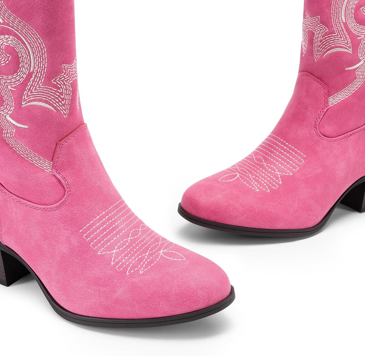 imageDREAM PAIRS Cowboy Boots for Women Mid Calf Cowgirl Boots with Embroidery Round Toe Western Chunky Low Heel ShoesPink