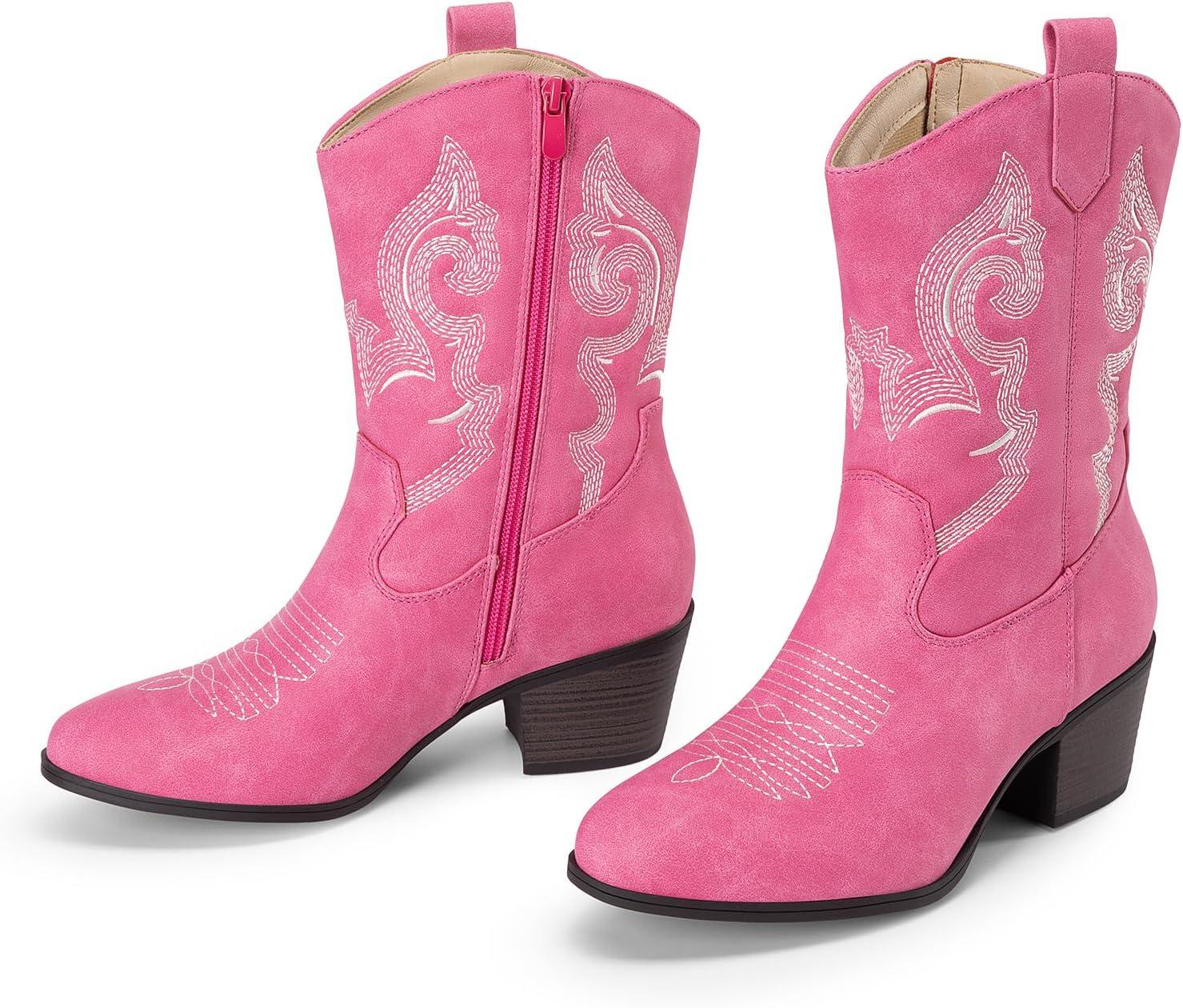 imageDREAM PAIRS Cowboy Boots for Women Mid Calf Cowgirl Boots with Embroidery Round Toe Western Chunky Low Heel ShoesPink