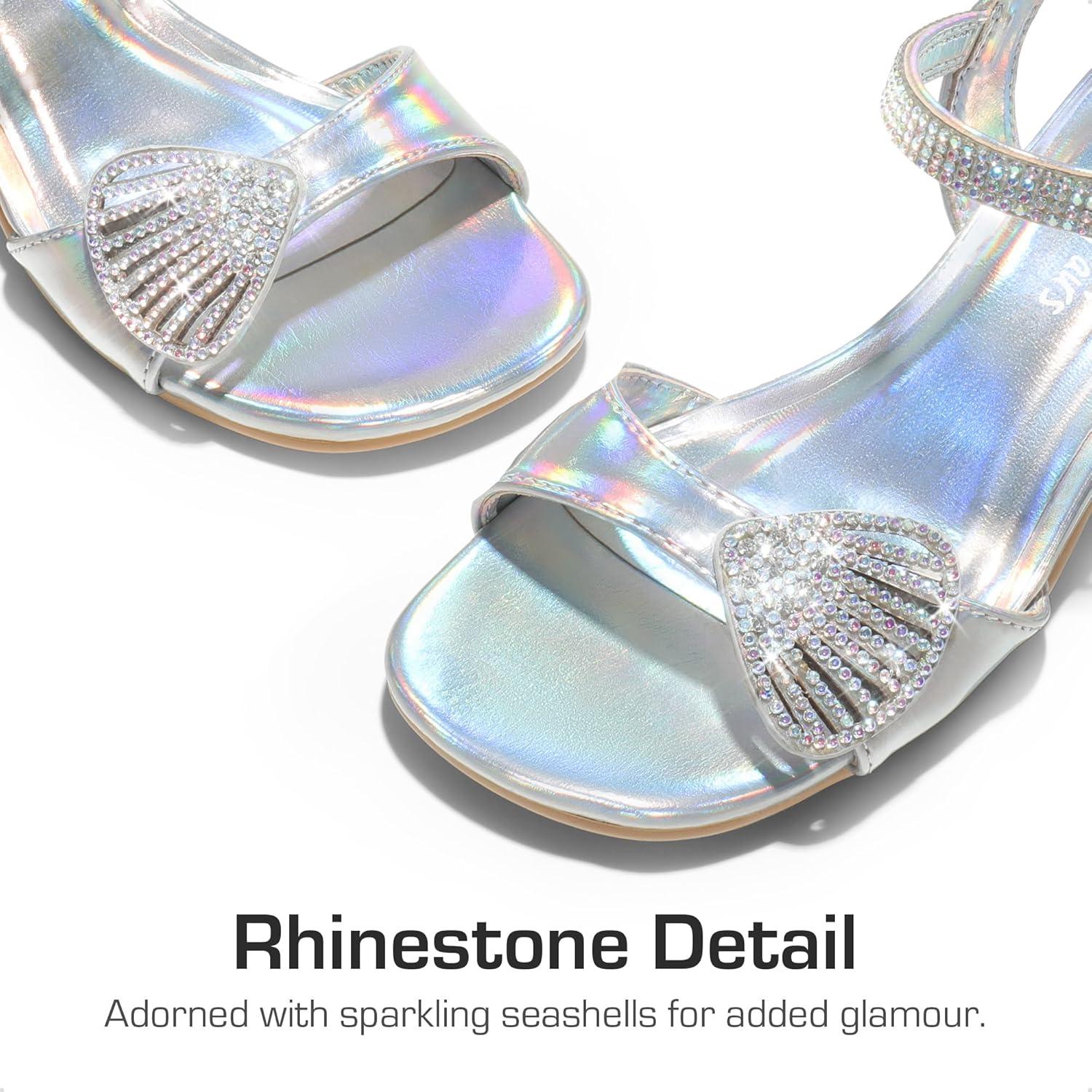 imageDREAM PAIRS Girls Sandals Ankle Strap Square Toe Low Heel Crystal Shell Wedding Party Flower Dress Shoes for Little KidsBig KidsRainbowSilver