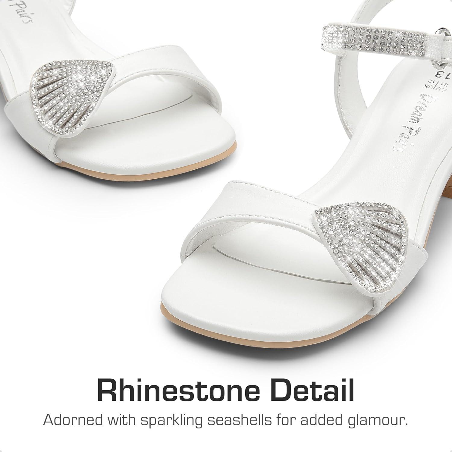 imageDREAM PAIRS Girls Sandals Ankle Strap Square Toe Low Heel Crystal Shell Wedding Party Flower Dress Shoes for Little KidsBig KidsWhite