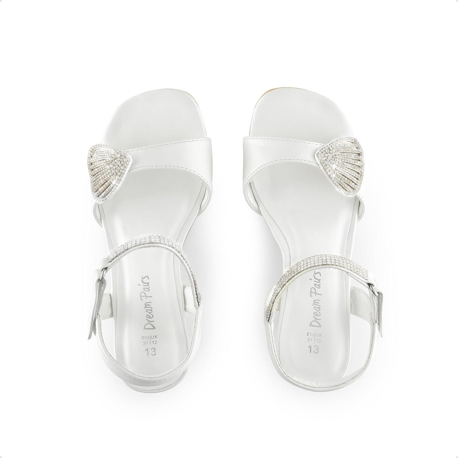 imageDREAM PAIRS Girls Sandals Ankle Strap Square Toe Low Heel Crystal Shell Wedding Party Flower Dress Shoes for Little KidsBig KidsWhite