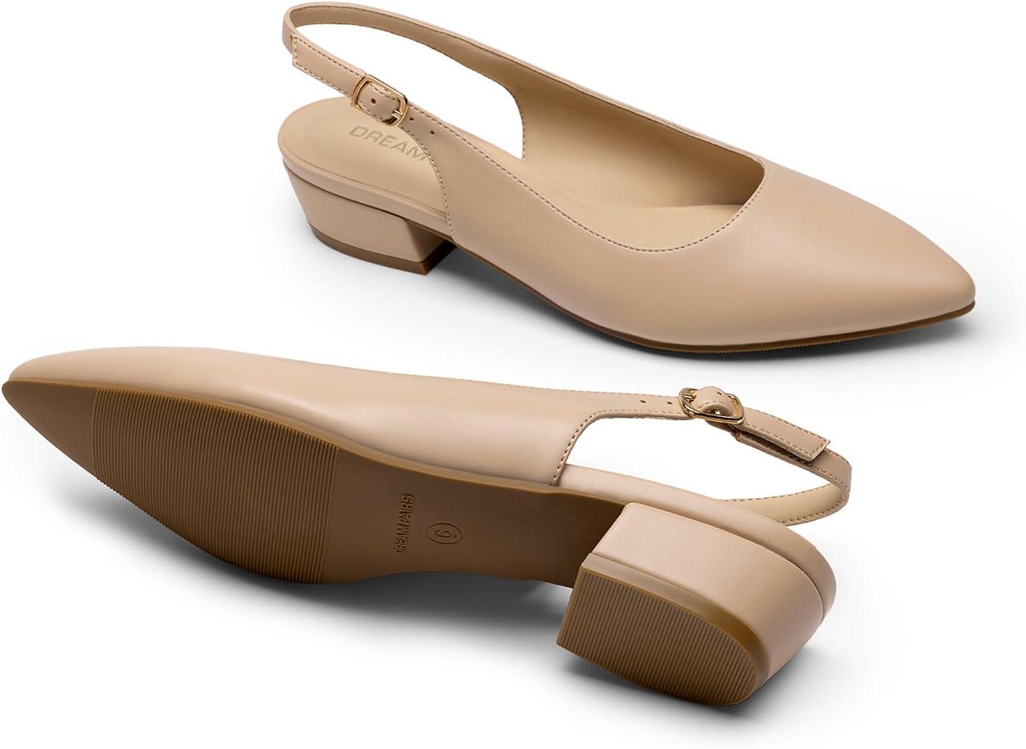 imageDREAM PAIRS Kitten Slingback Low Block Heels for Women Pointed Closed Toe Business Dress Shoes Wedding Party Comfortable Pumps ShoesNude