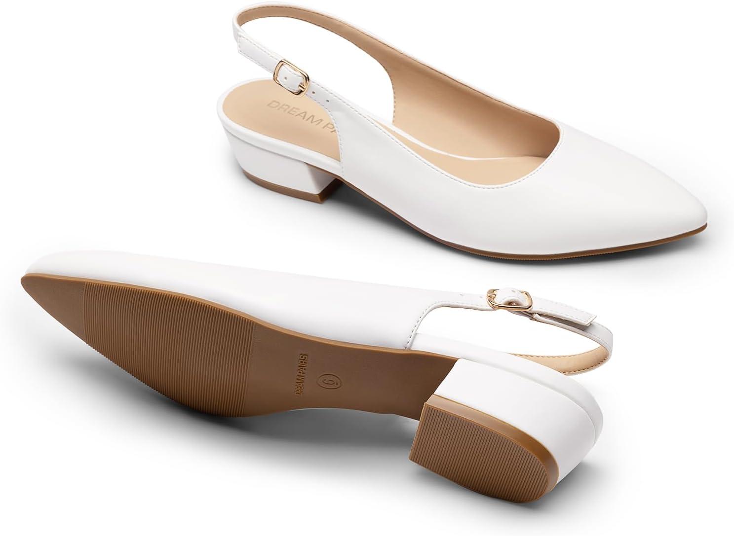 imageDREAM PAIRS Kitten Slingback Low Block Heels for Women Pointed Closed Toe Business Dress Shoes Wedding Party Comfortable Pumps ShoesWhite