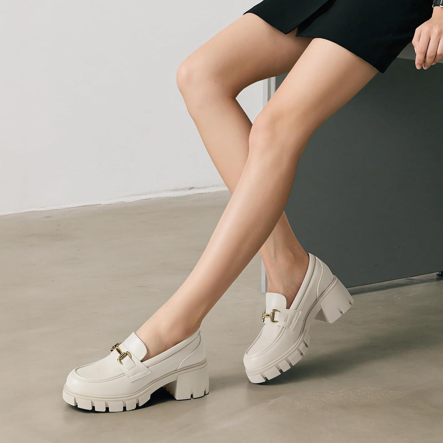 imageDREAM PAIRS Loafers for Women Platform Chunky Loafers Slip On Casual ShoesBeige