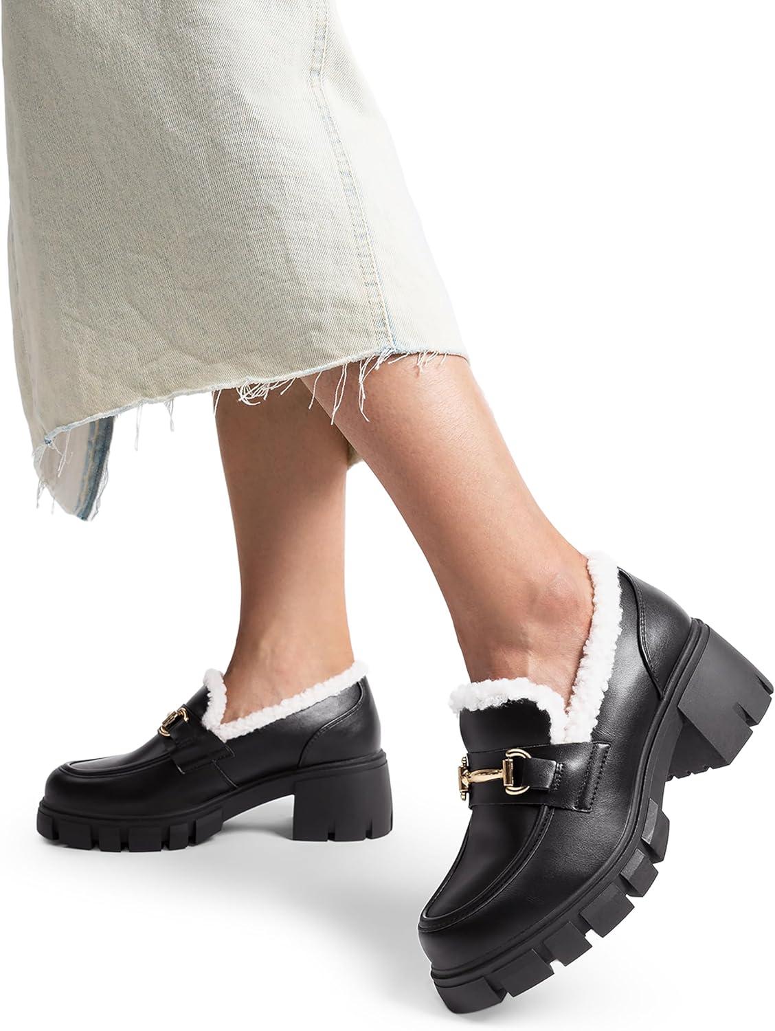 imageDREAM PAIRS Loafers for Women Platform Chunky Loafers Slip On Casual ShoesBlackfurry