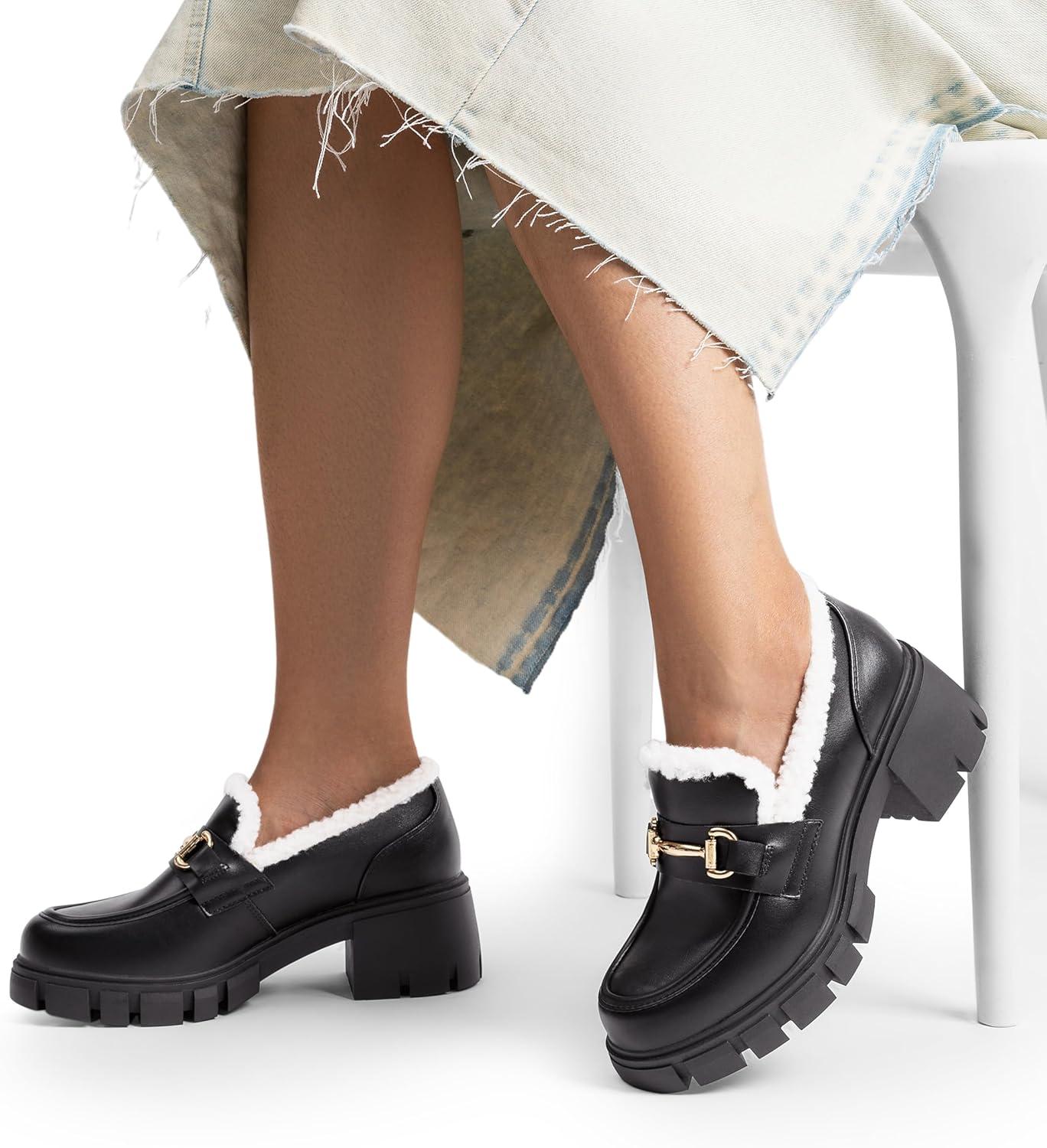 imageDREAM PAIRS Loafers for Women Platform Chunky Loafers Slip On Casual ShoesBlackfurry