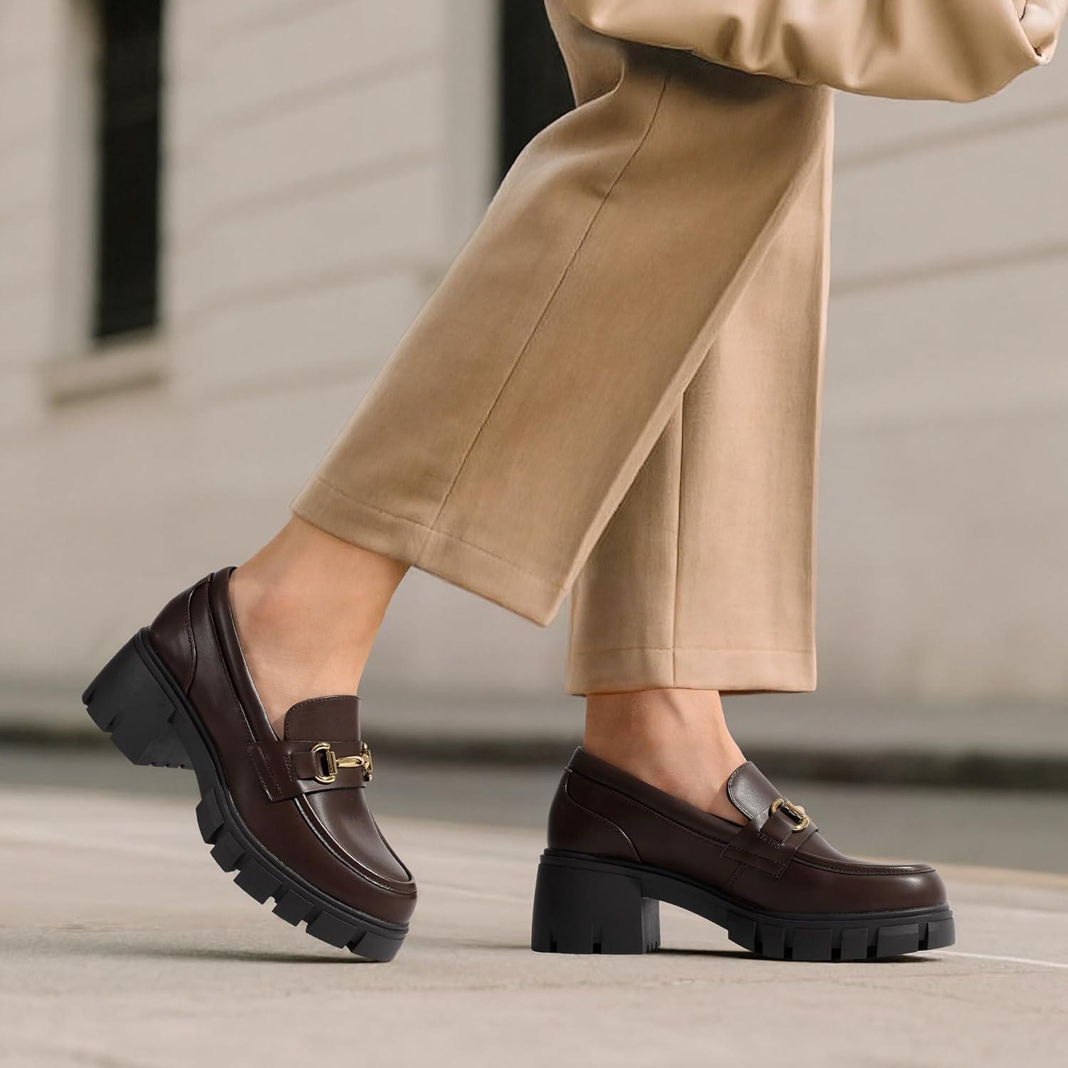 imageDREAM PAIRS Loafers for Women Platform Chunky Loafers Slip On Casual ShoesBrown