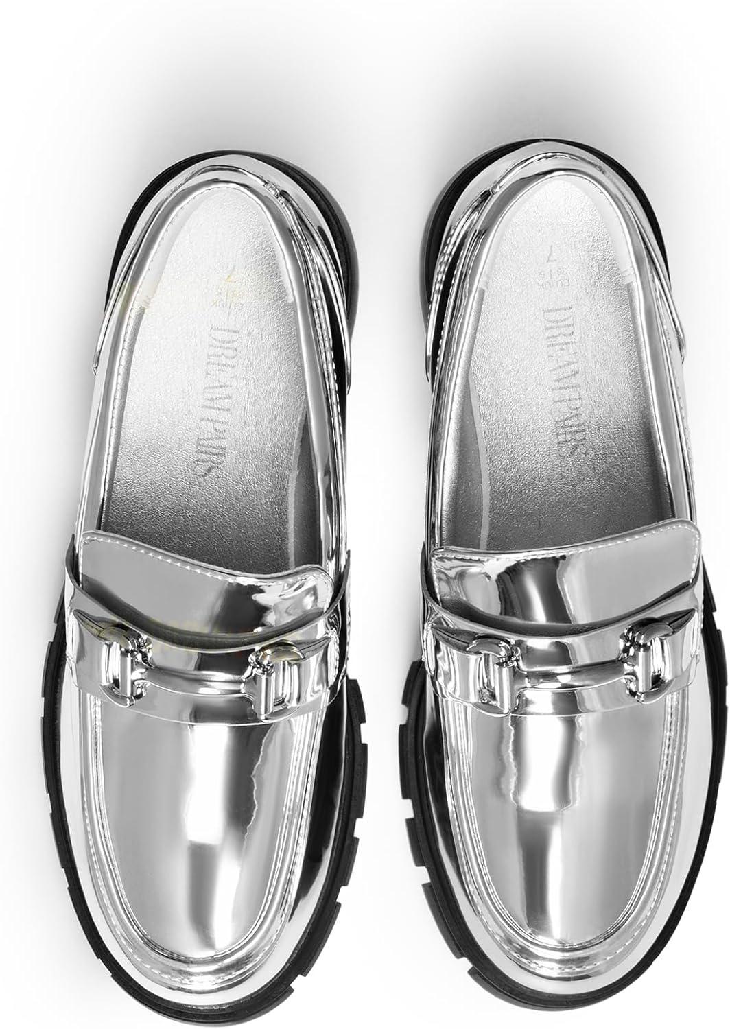 imageDREAM PAIRS Loafers for Women Platform Chunky Loafers Slip On Casual ShoesSilverpat