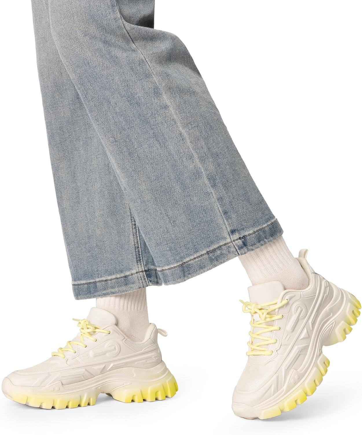 imageDREAM PAIRS Women Chunky Fashion Sneakers Platform Bold LaceUp Comfortable SneakersIvoryYellowbold