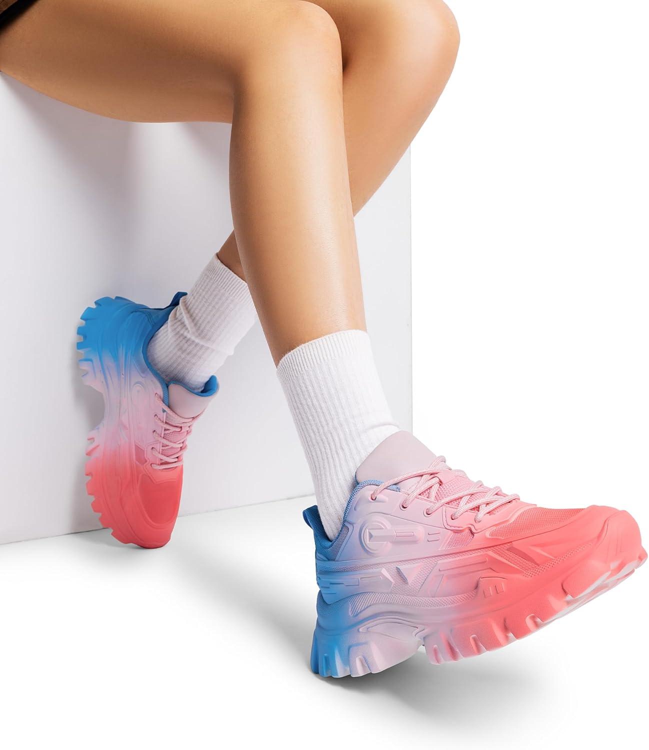 imageDREAM PAIRS Women Chunky Fashion Sneakers Platform Bold LaceUp Comfortable SneakersRainbowbold