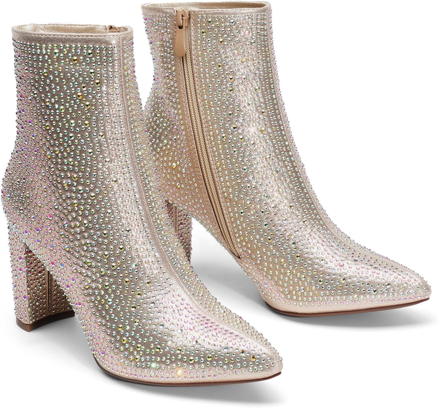 imageDREAM PAIRS Womens Chunky Heel Ankle Booties Pointed Toe Short BootsGold