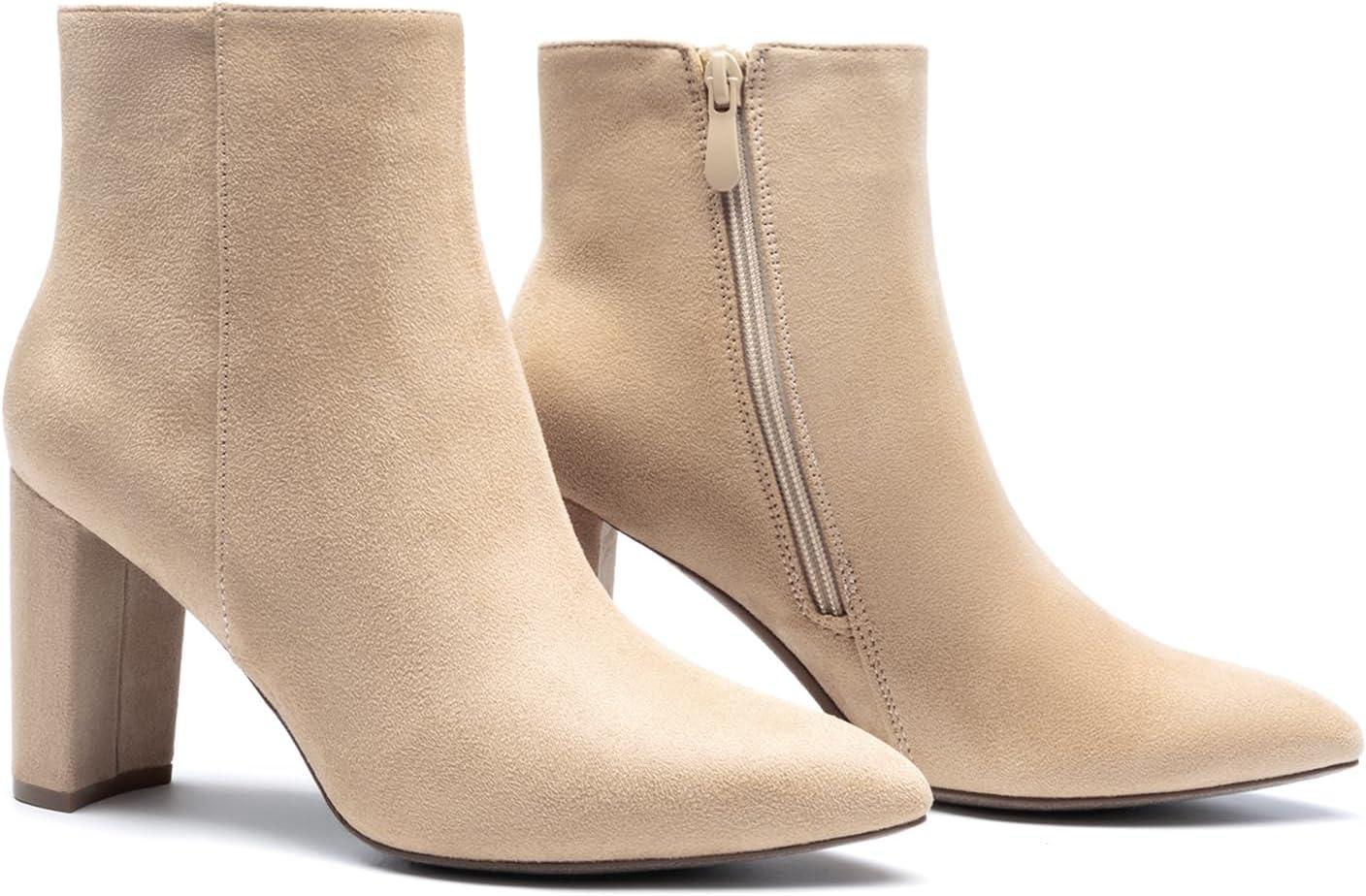 imageDREAM PAIRS Womens Chunky Heel Ankle Booties Pointed Toe Short BootsNude