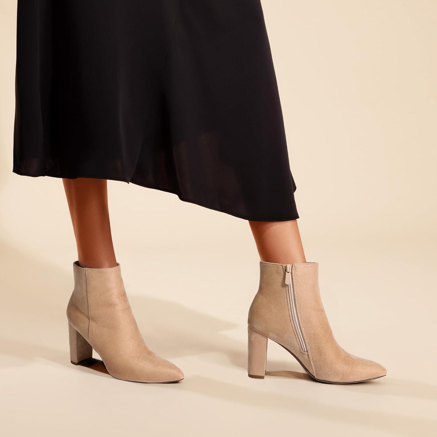 imageDREAM PAIRS Womens Chunky Heel Ankle Booties Pointed Toe Short BootsNude