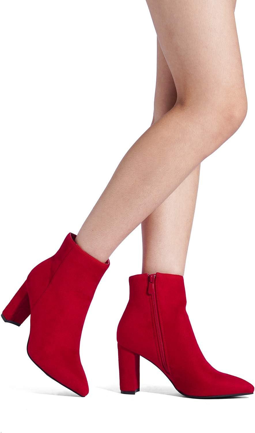 imageDREAM PAIRS Womens Chunky Heel Ankle Booties Pointed Toe Short BootsRed