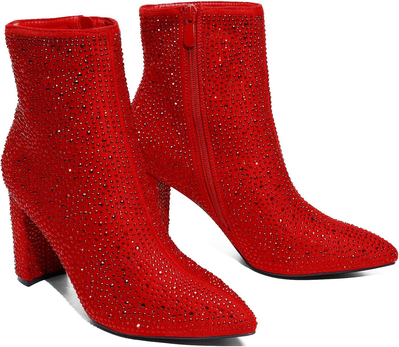 imageDREAM PAIRS Womens Chunky Heel Ankle Booties Pointed Toe Short BootsRedrhinestone