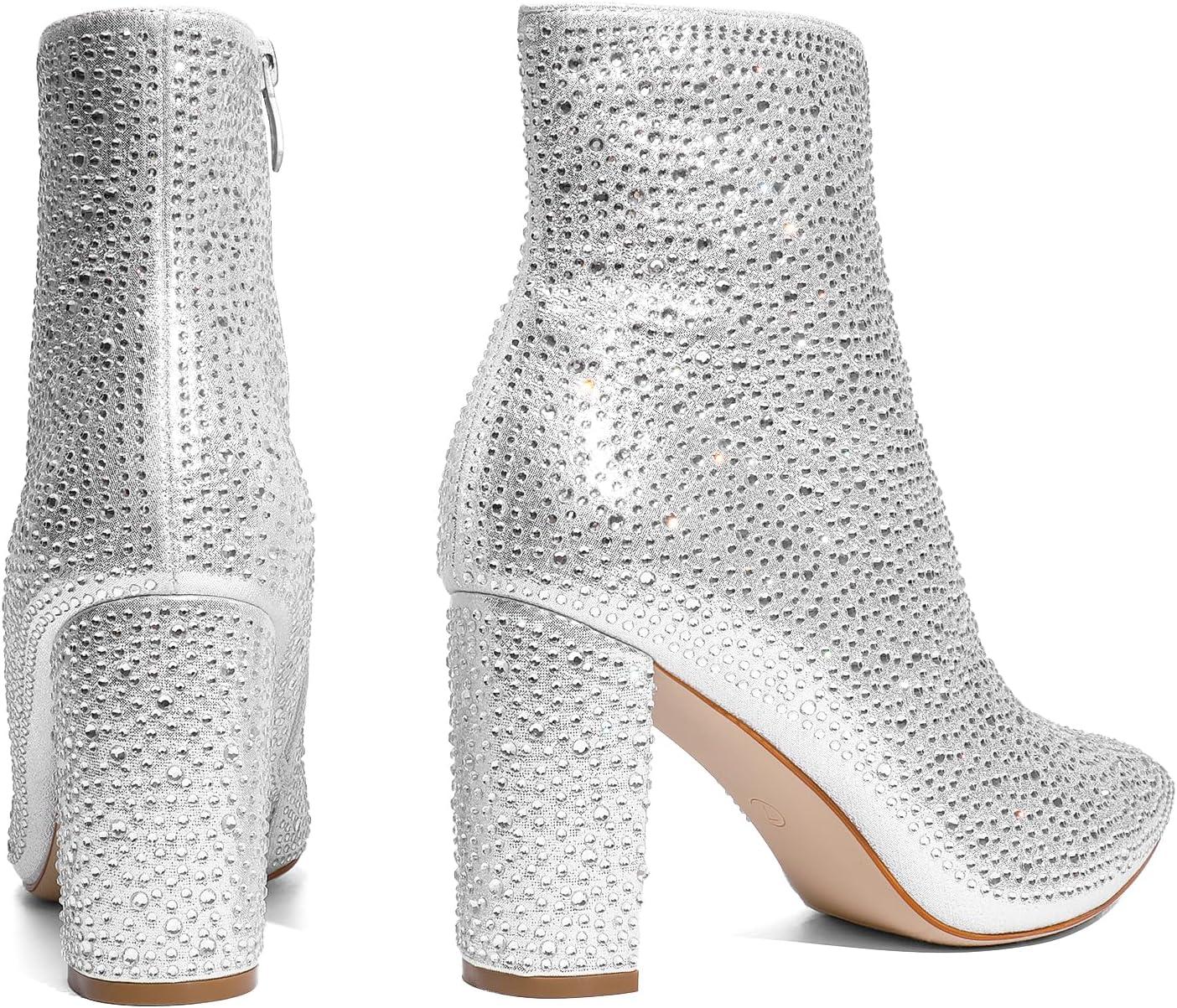 imageDREAM PAIRS Womens Chunky Heel Ankle Booties Pointed Toe Short BootsRhinestone