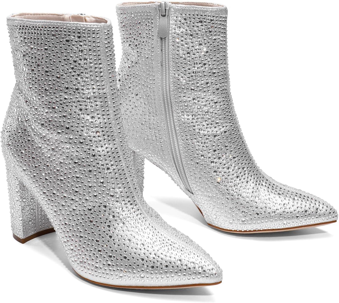 imageDREAM PAIRS Womens Chunky Heel Ankle Booties Pointed Toe Short BootsRhinestone