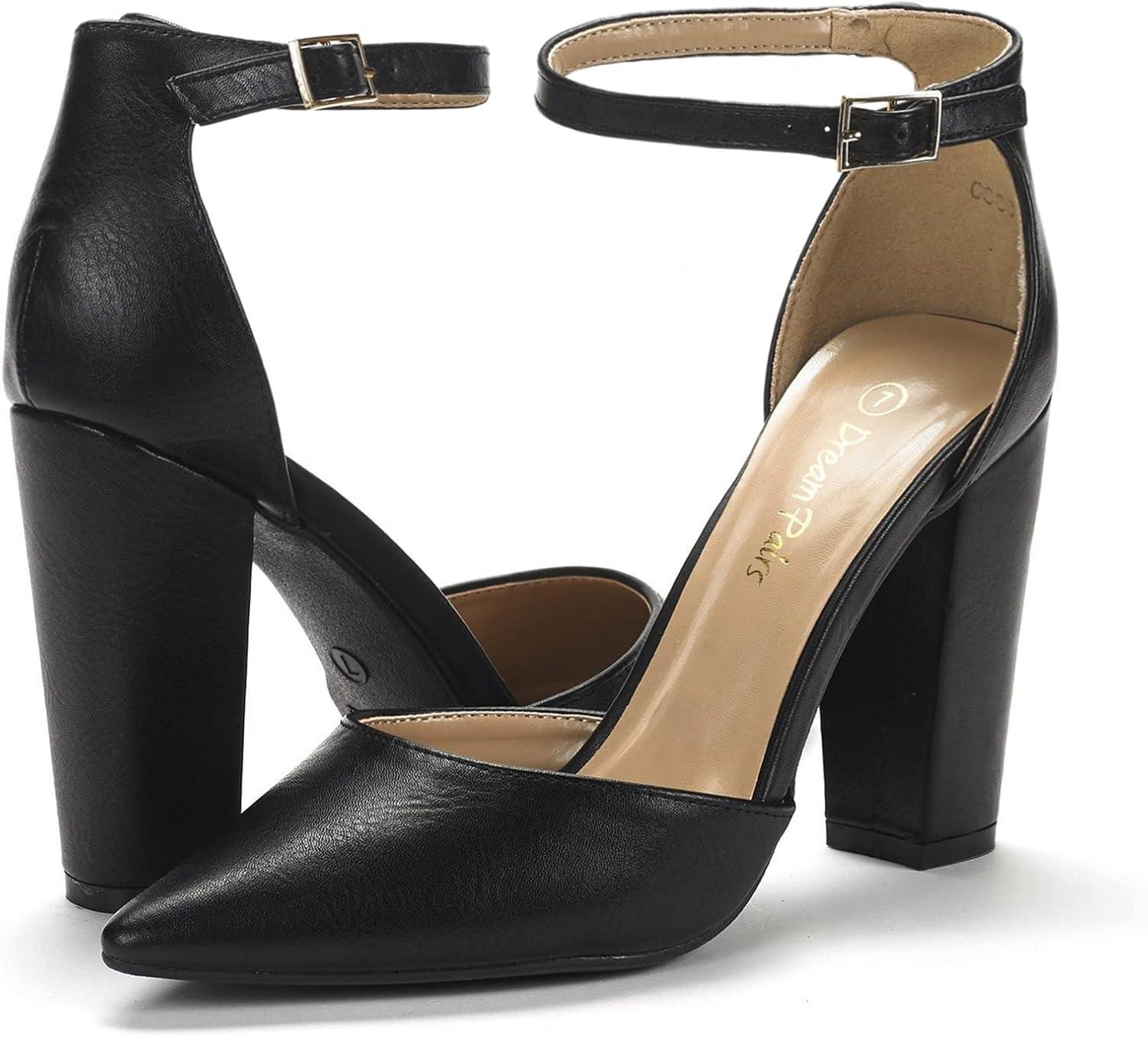 imageDREAM PAIRS Womens Coco High Heels Chunky Block Pumps Pointed Closed Toe Ankle Strap Dress ShoesBlackPu
