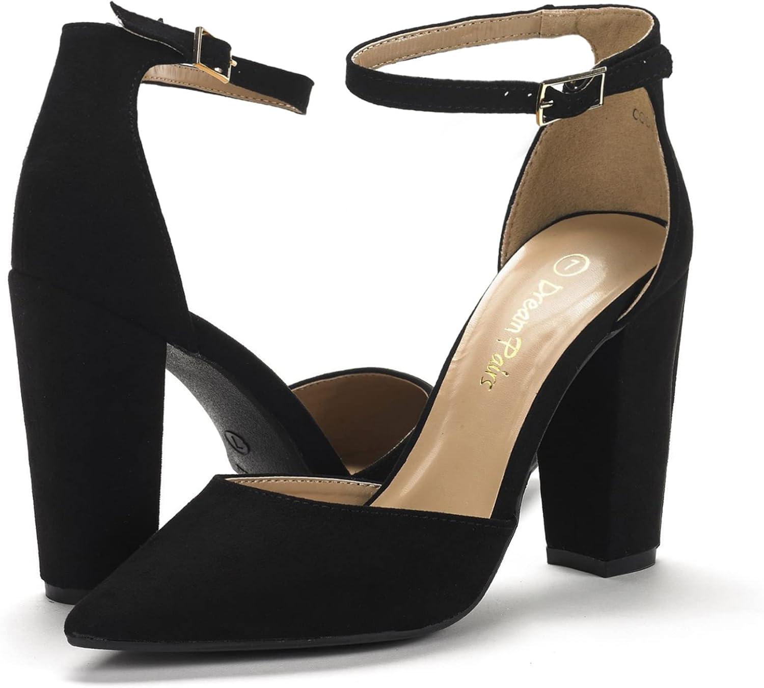imageDREAM PAIRS Womens Coco High Heels Chunky Block Pumps Pointed Closed Toe Ankle Strap Dress ShoesBlackSuede
