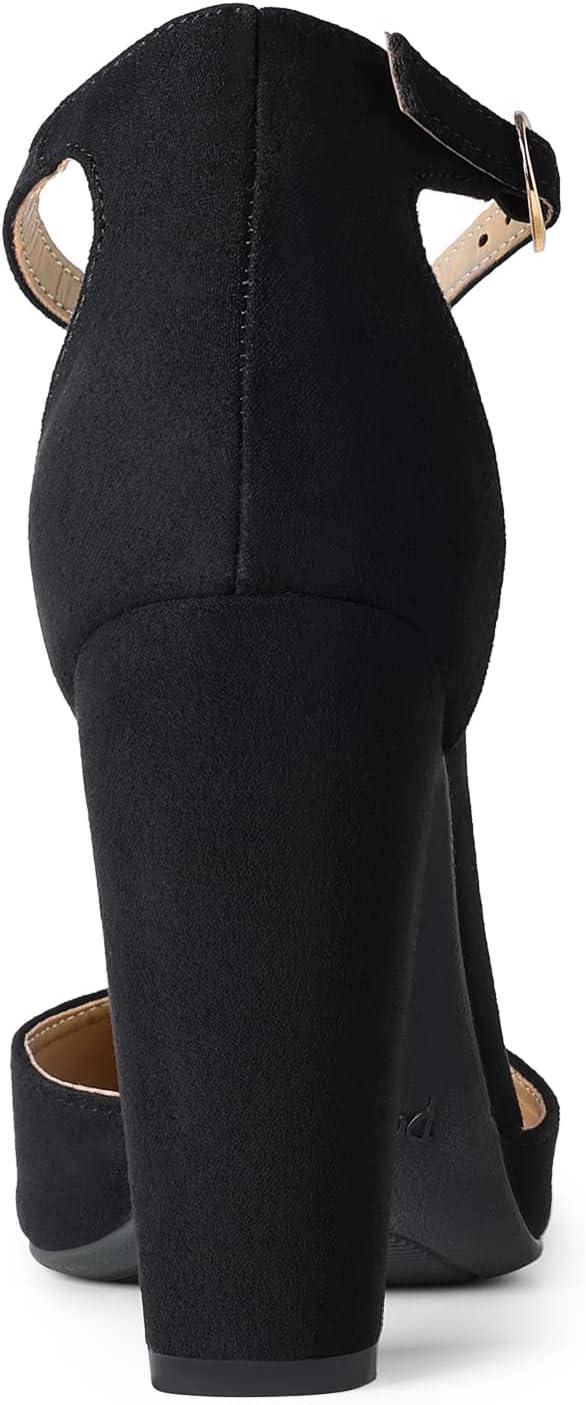 imageDREAM PAIRS Womens Coco High Heels Chunky Block Pumps Pointed Closed Toe Ankle Strap Dress ShoesBlackSuede