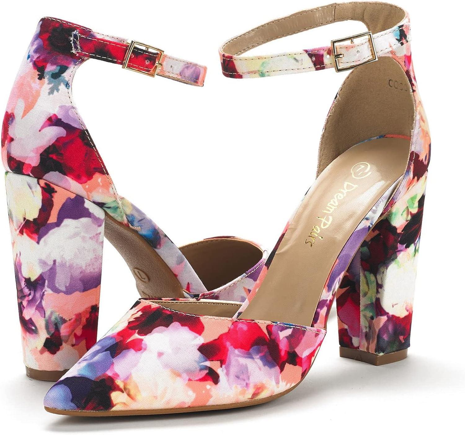 imageDREAM PAIRS Womens Coco High Heels Chunky Block Pumps Pointed Closed Toe Ankle Strap Dress ShoesFloral