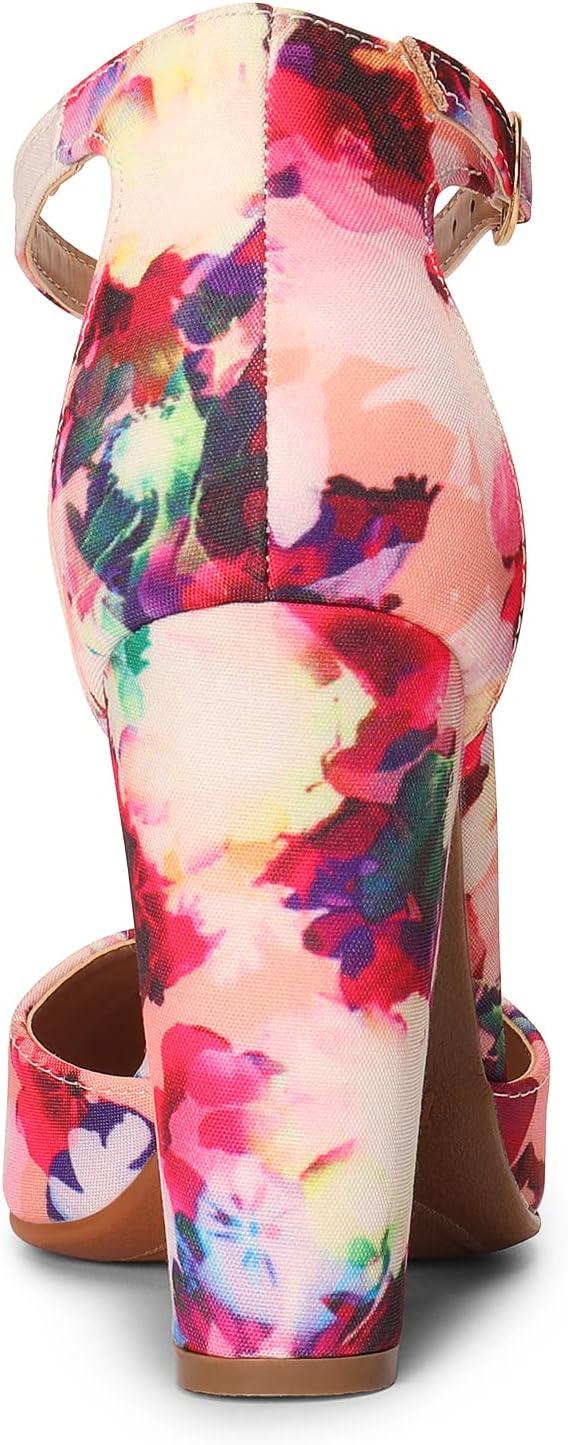 imageDREAM PAIRS Womens Coco High Heels Chunky Block Pumps Pointed Closed Toe Ankle Strap Dress ShoesFloral