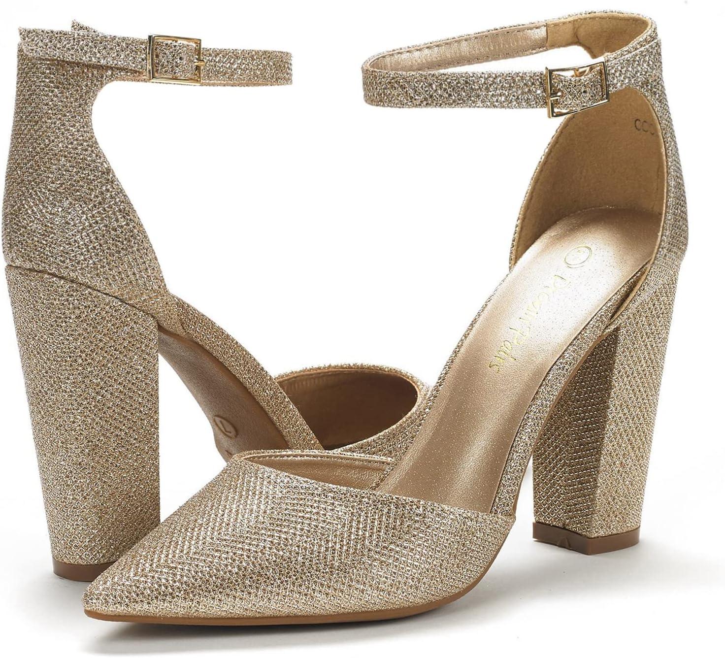 imageDREAM PAIRS Womens Coco High Heels Chunky Block Pumps Pointed Closed Toe Ankle Strap Dress ShoesGoldGlitter