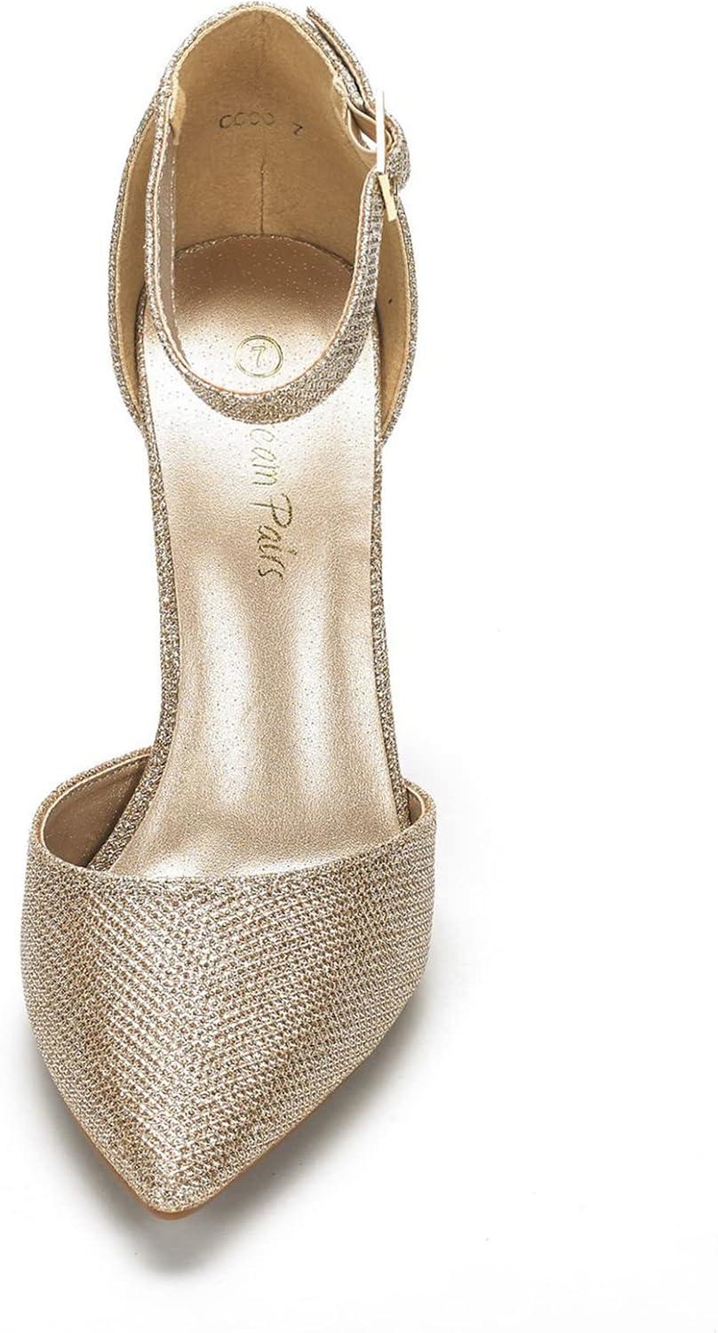 imageDREAM PAIRS Womens Coco High Heels Chunky Block Pumps Pointed Closed Toe Ankle Strap Dress ShoesGoldGlitter