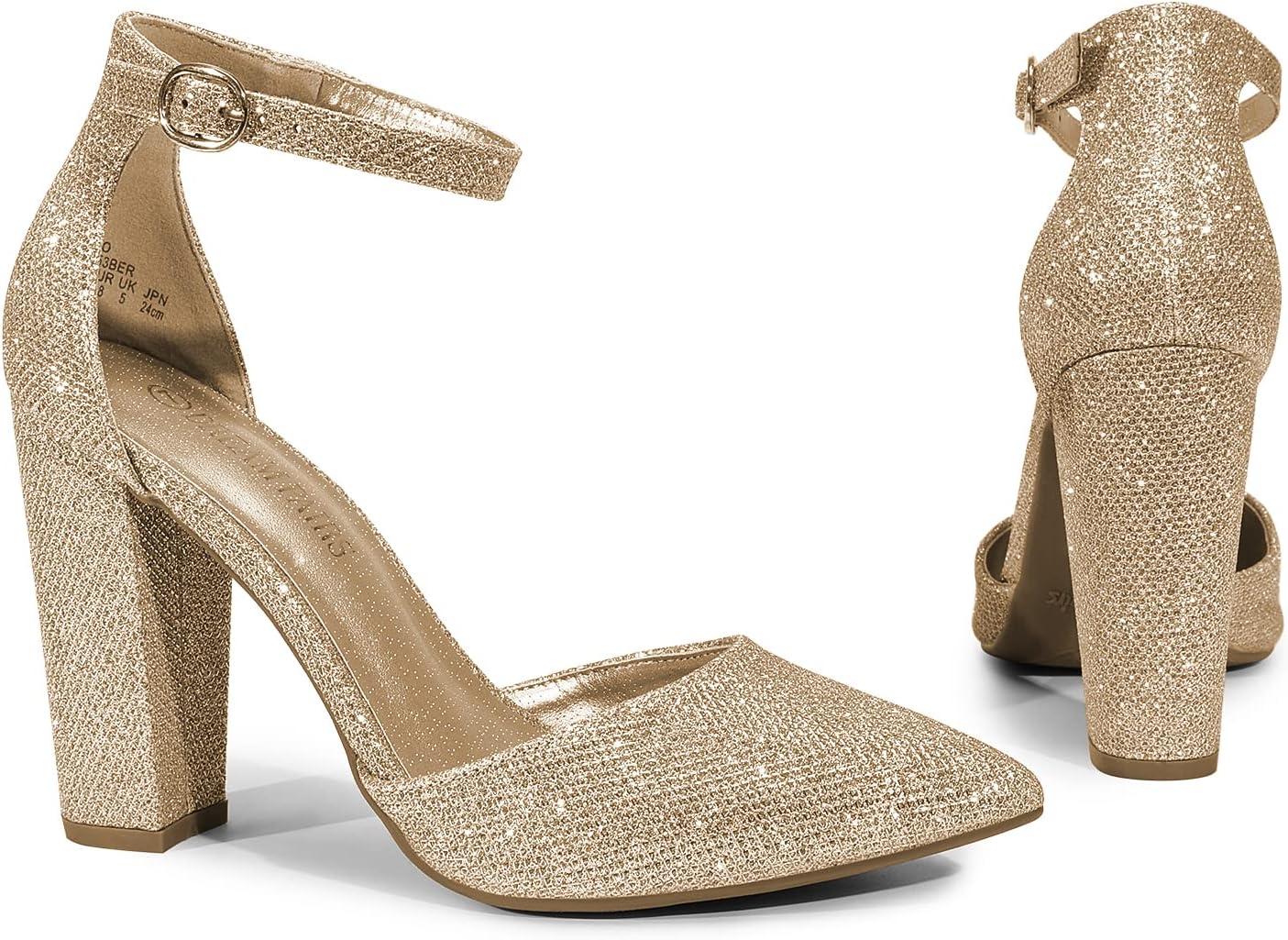 imageDREAM PAIRS Womens Coco High Heels Chunky Block Pumps Pointed Closed Toe Ankle Strap Dress ShoesGoldGlitter