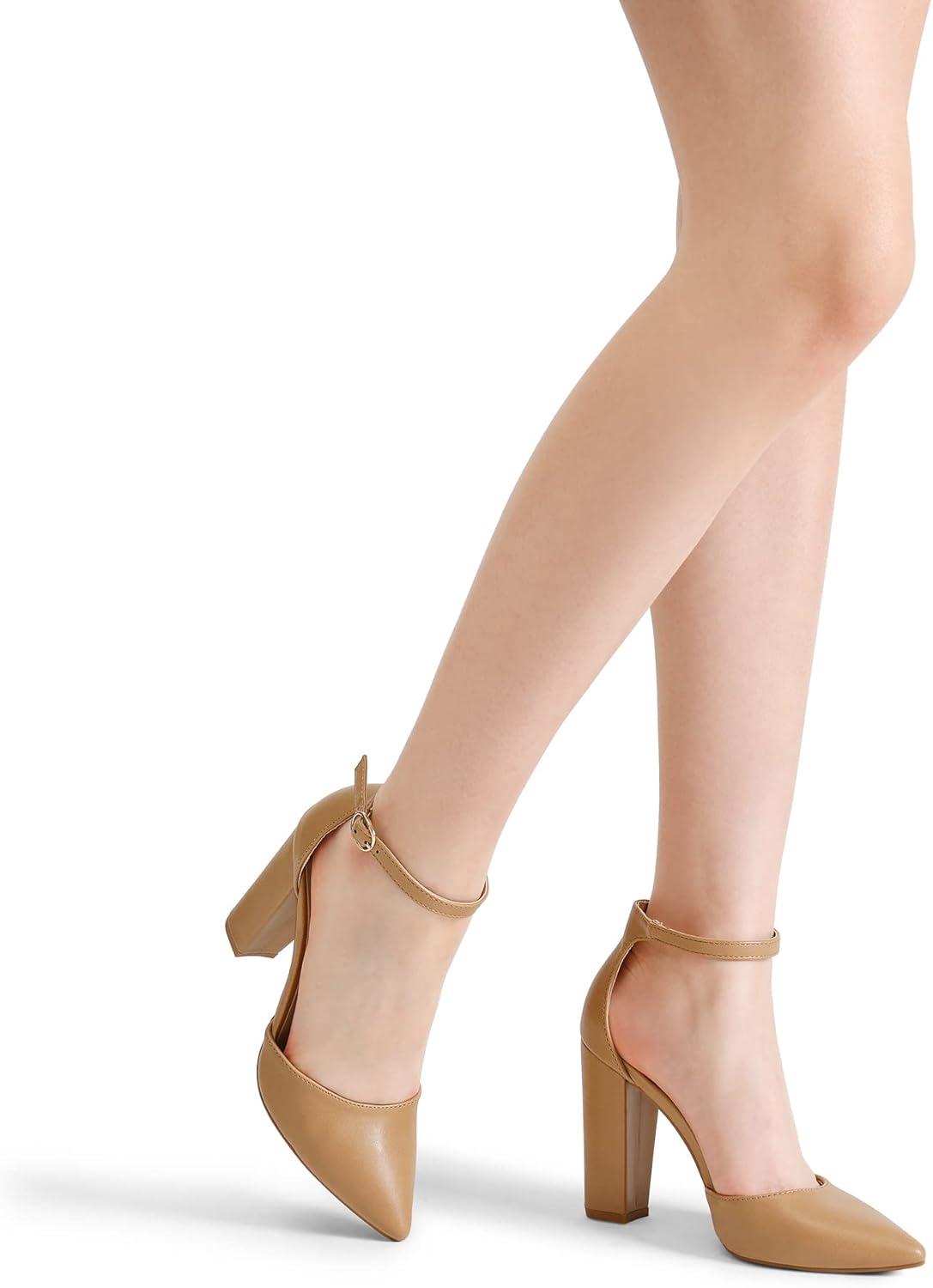 imageDREAM PAIRS Womens Coco High Heels Chunky Block Pumps Pointed Closed Toe Ankle Strap Dress ShoesNude Pu