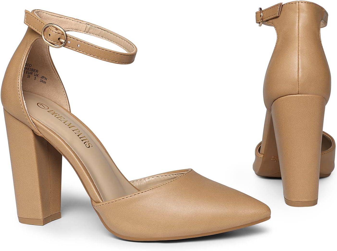 imageDREAM PAIRS Womens Coco High Heels Chunky Block Pumps Pointed Closed Toe Ankle Strap Dress ShoesNudePu