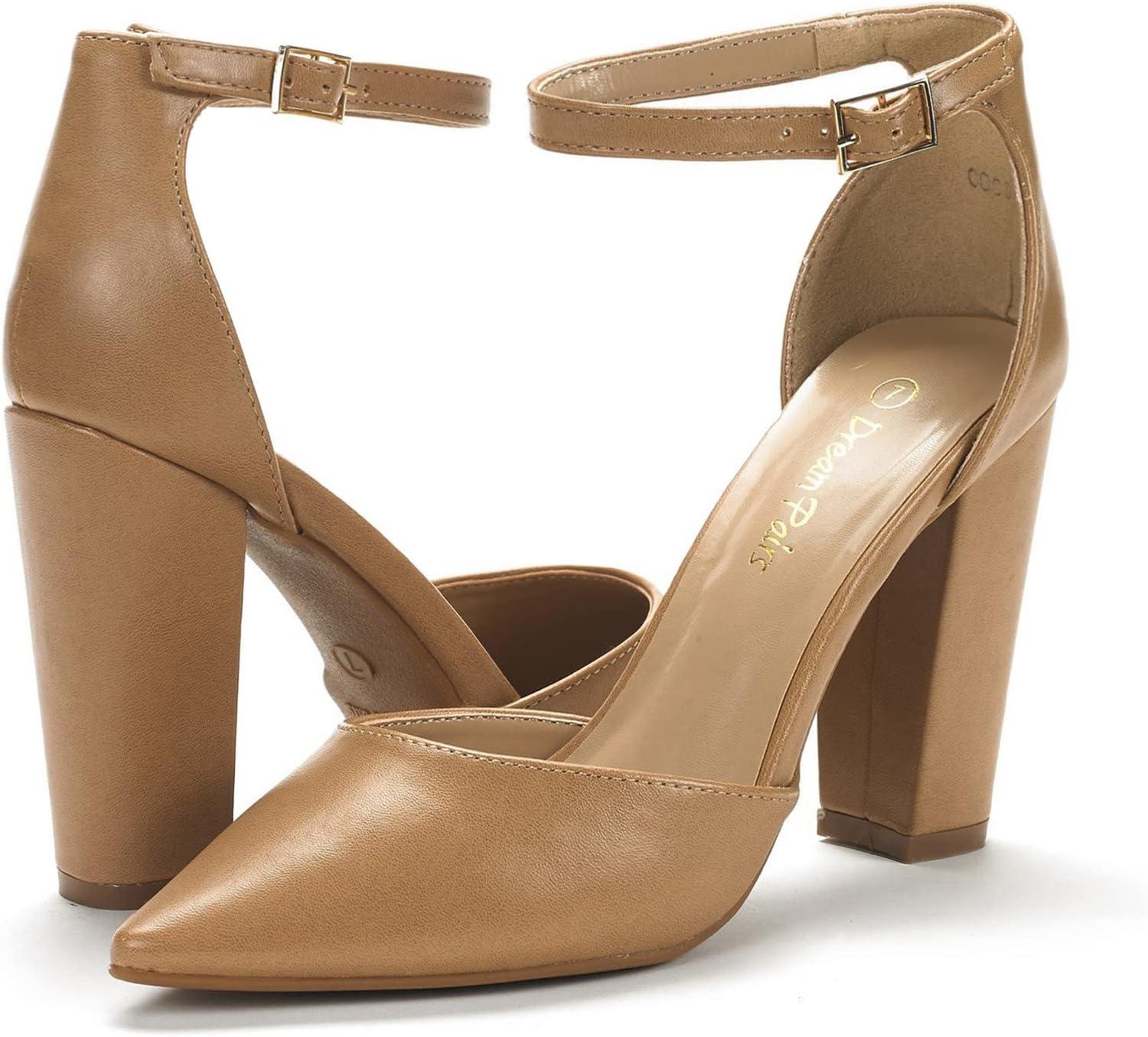 imageDREAM PAIRS Womens Coco High Heels Chunky Block Pumps Pointed Closed Toe Ankle Strap Dress ShoesNudePu