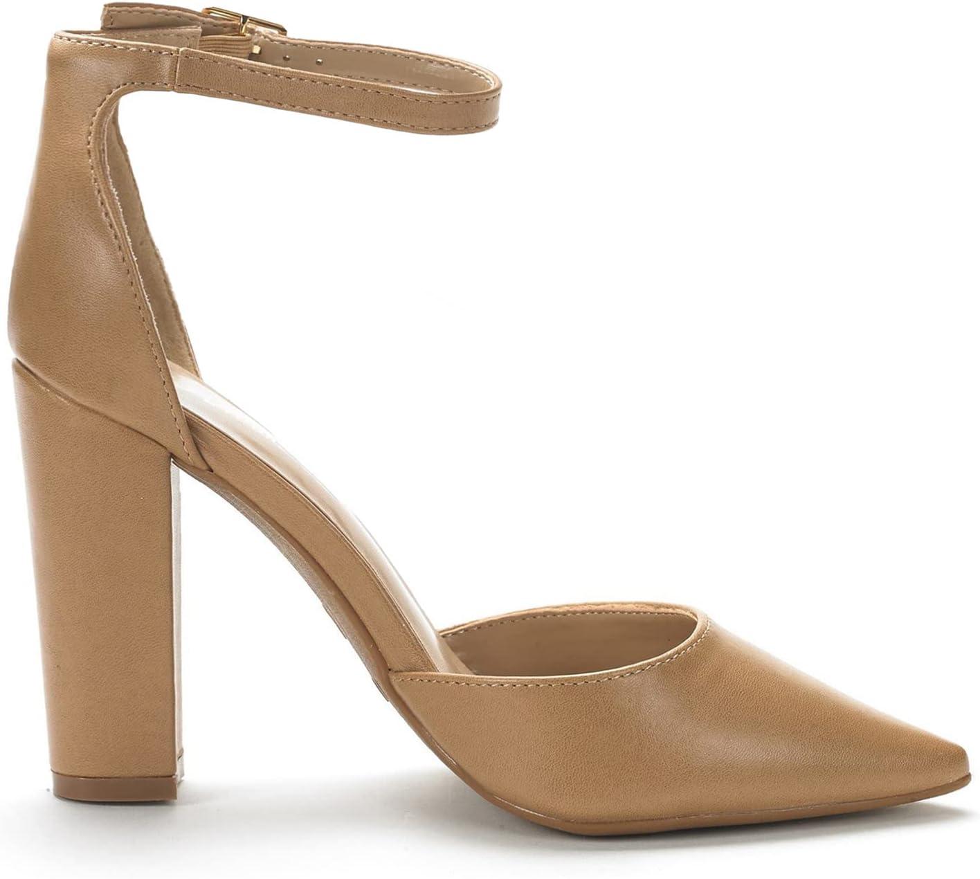 imageDREAM PAIRS Womens Coco High Heels Chunky Block Pumps Pointed Closed Toe Ankle Strap Dress ShoesNudePu