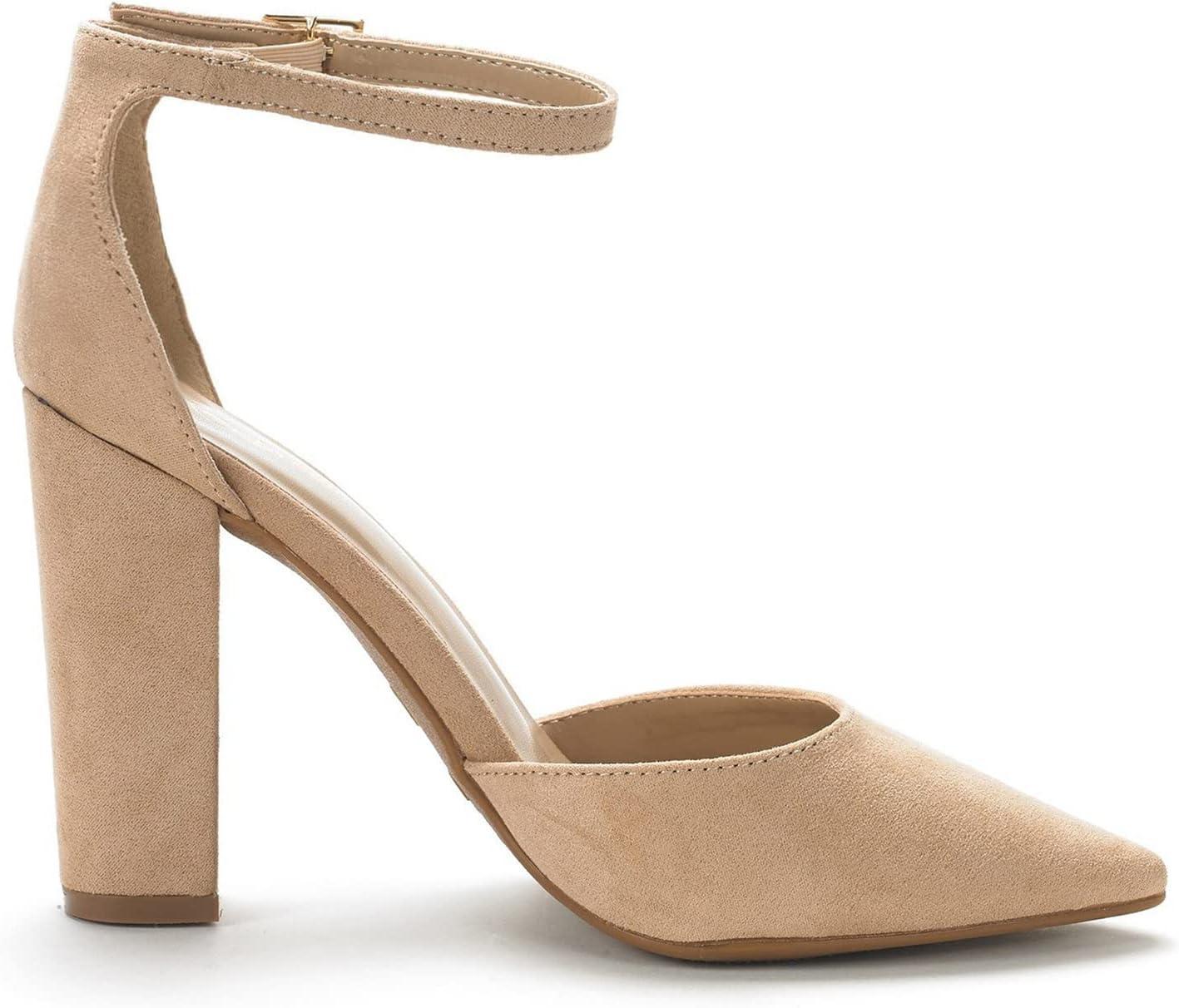 imageDREAM PAIRS Womens Coco High Heels Chunky Block Pumps Pointed Closed Toe Ankle Strap Dress ShoesNudeSuede