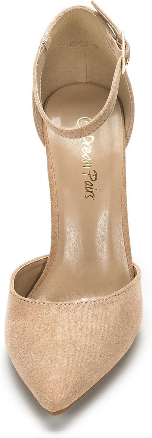 imageDREAM PAIRS Womens Coco High Heels Chunky Block Pumps Pointed Closed Toe Ankle Strap Dress ShoesNudeSuede